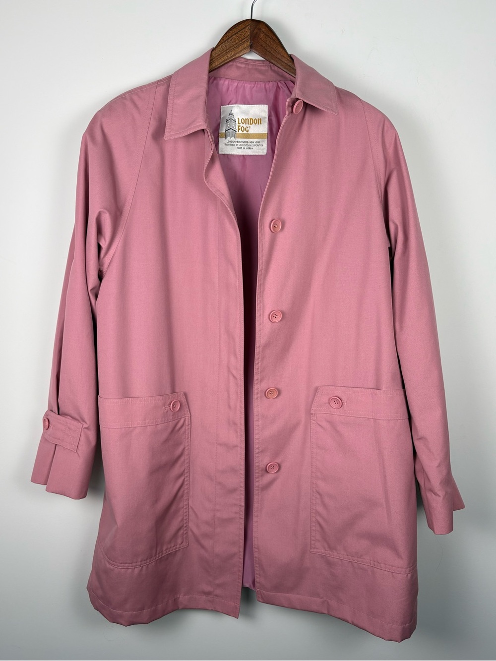 Vintage London Fog Pink Dusty Rose Trench Raincoat Button Up Pockets Size 8